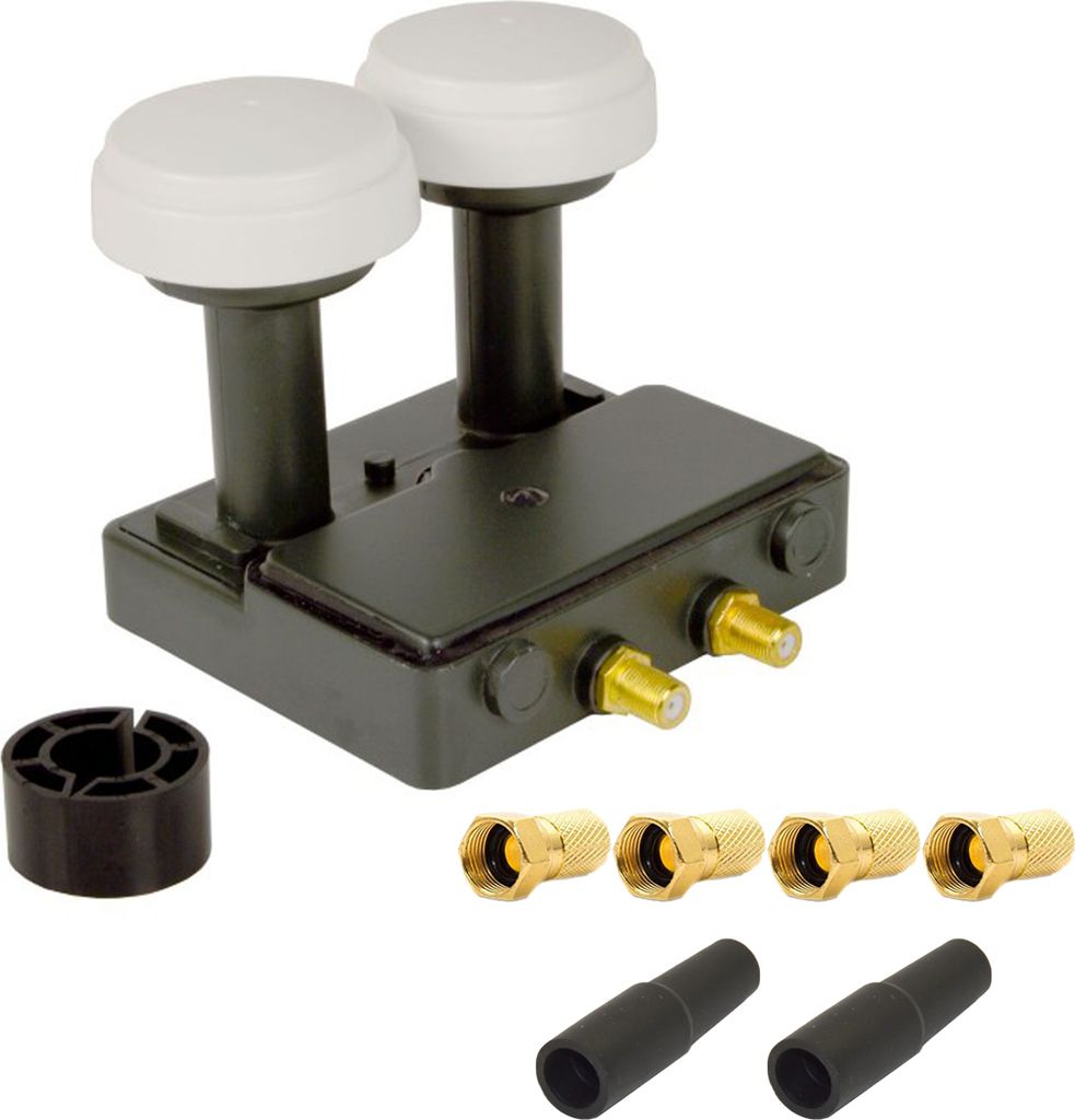 PremiumX Monoblock Twin LNB 0,1dB Astra 19,2° Hotbird 13° HDTV FullHD 2 Teilnehmer 2x Gummitülle 4x F-Stecker
