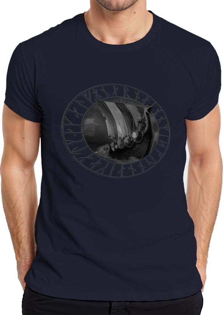 Wikingerschiff Runenkreis Nordischer Drakkar Seefahrer Wikinger Herren T-Shirt, Navy, XL