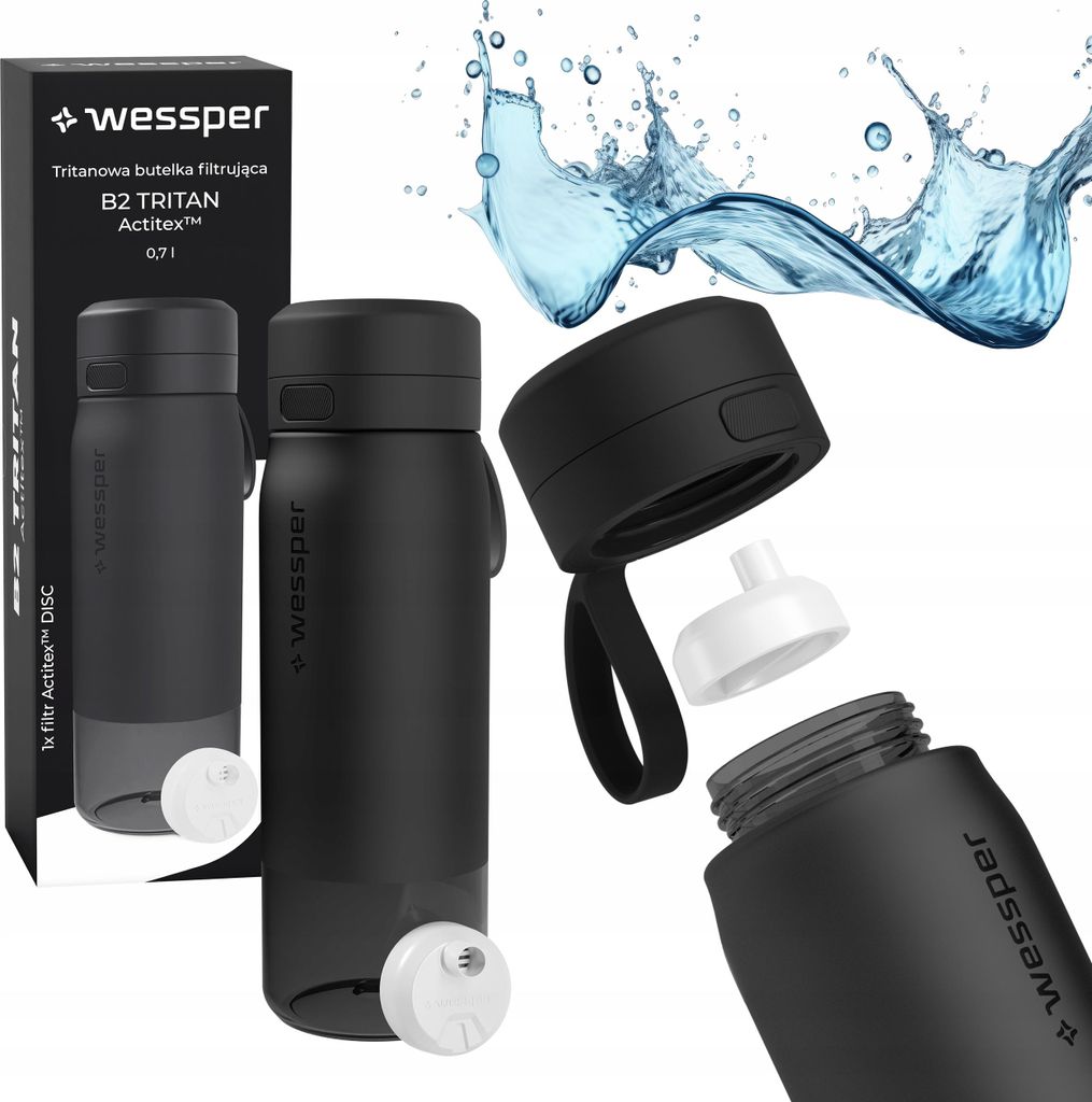 Wessper Wasserflasche 700ml, Silikonhülse Wasserfilterkappe BPA frei, schwarz