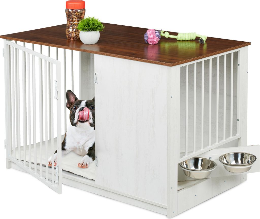 relaxdays Hundekäfig für Zuhause 2 drehbare Näpfe