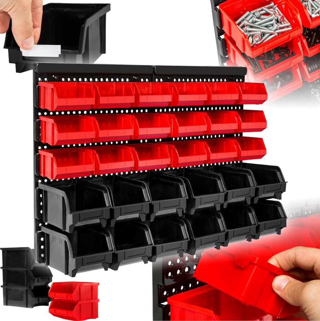 A collage of images showing storage bins and a wall-mounted rack system.