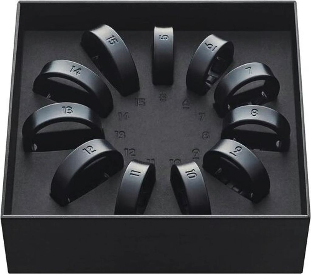 A set of black GPS tracker accessories numbered from 6 to 15, arranged in a circular pattern within a black box.