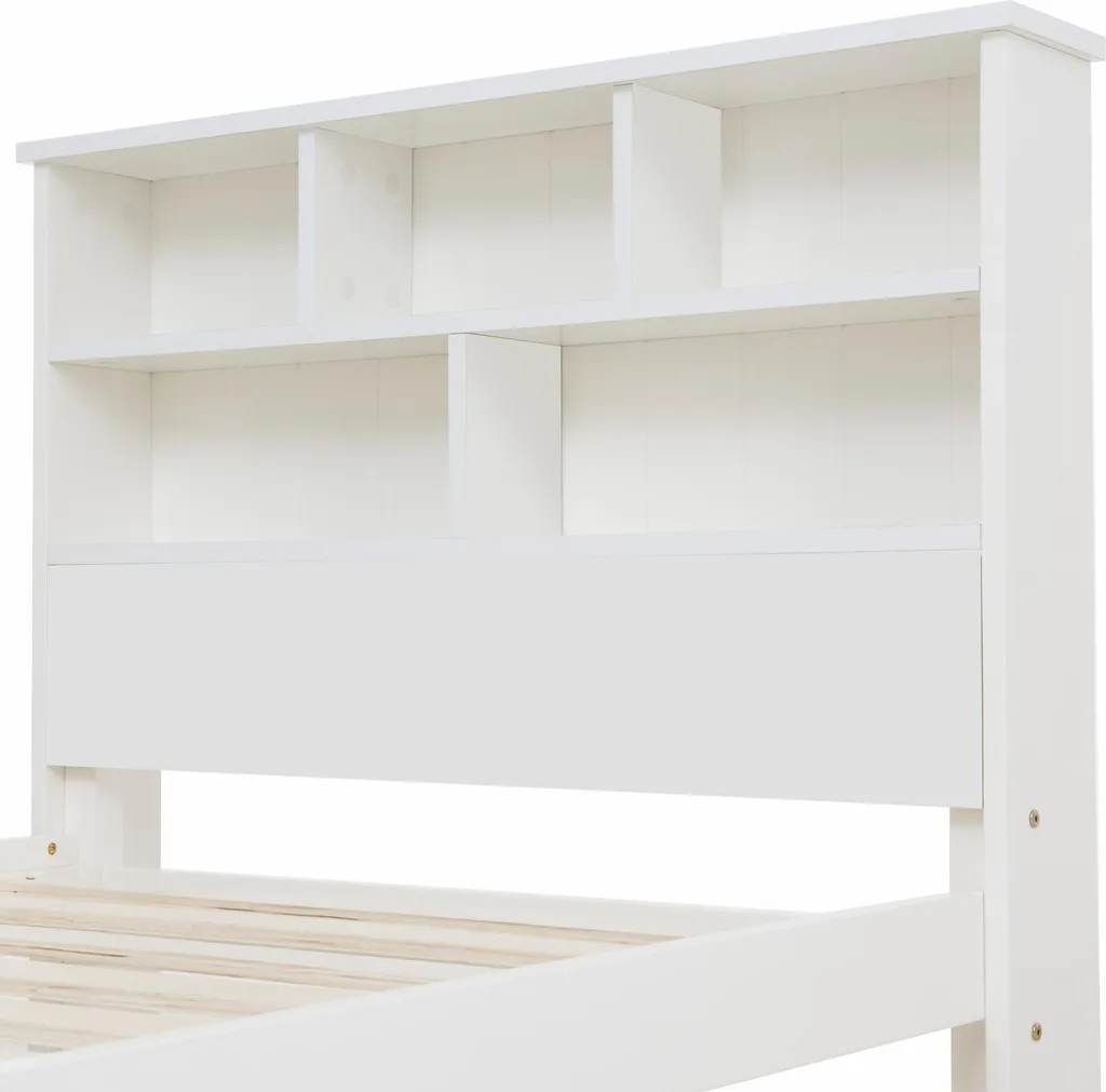 Lit simple 90x200 cm blanc avec étagères de tête de lit multifonctions - 9