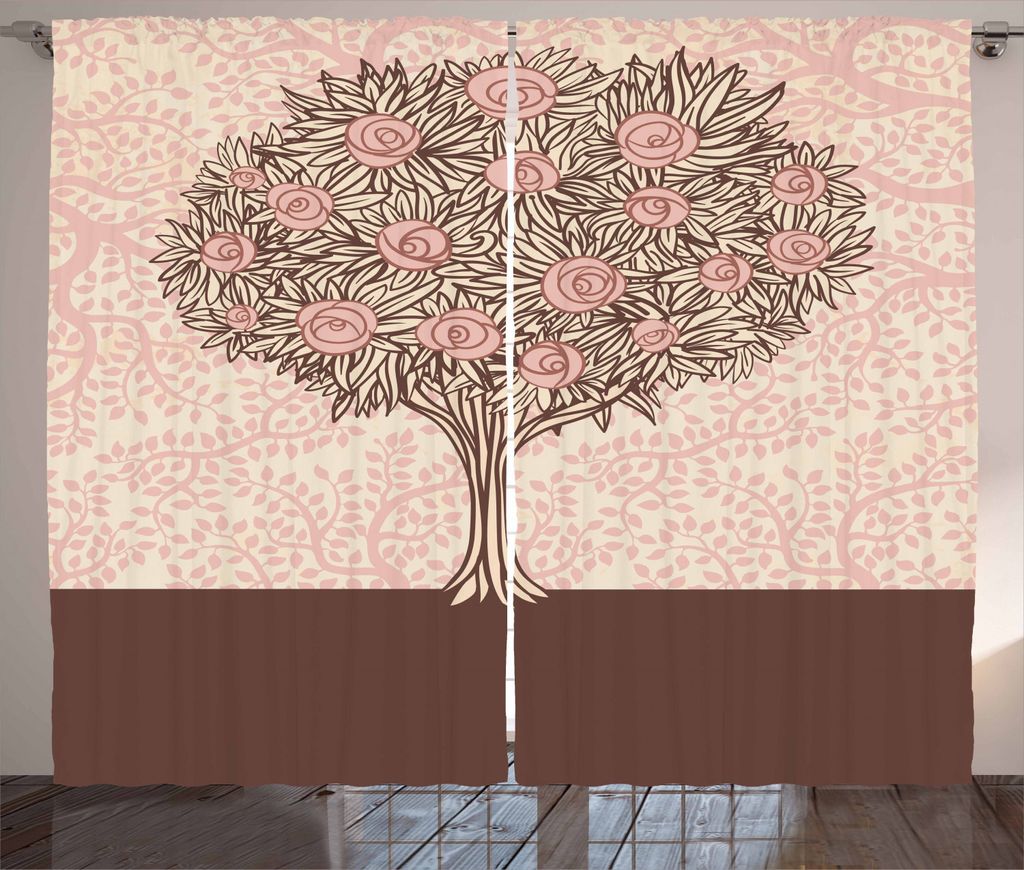 ABAKUHAUS Rose Rustikaler Gardine, Blühender Ast, Schlafzimmer Kräuselband Vorhang mit Schlaufen und Haken, 280 x 225 cm, Hellrosa Beige Braun