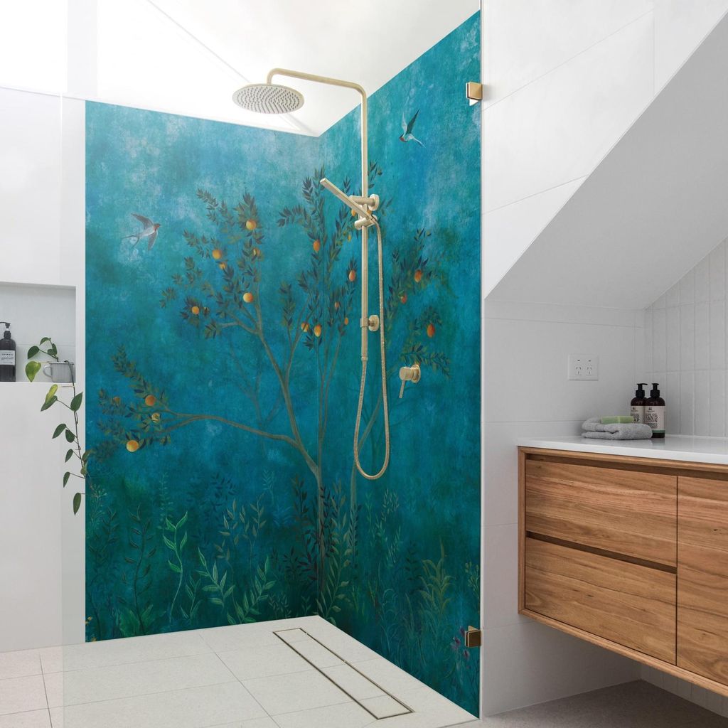 Duschrückwand Wald selbstklebend - 0.61 mm Wandpaneel wasserfest Vogel blau Tropisch Badrückwand fugenlos Premium matt 90x210 cm