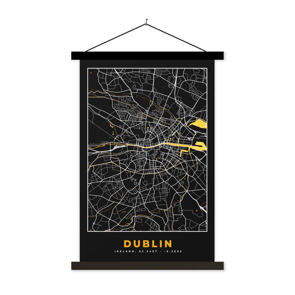 MuchoWow Textilposter Dublin - Gold - Stadtplan - Karte 120x180 cm mit schwarzem Rahmen - Fotos