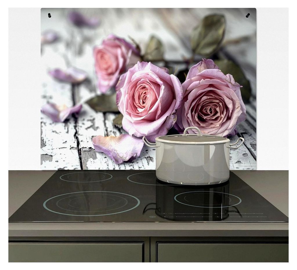 Spritzschutz für die Küche - Küchenrückwand aus Vinyl 80x52 cm - Herdabdeckung für Induktionskochfeld - Rosen - Vintage - Rosa - Holz