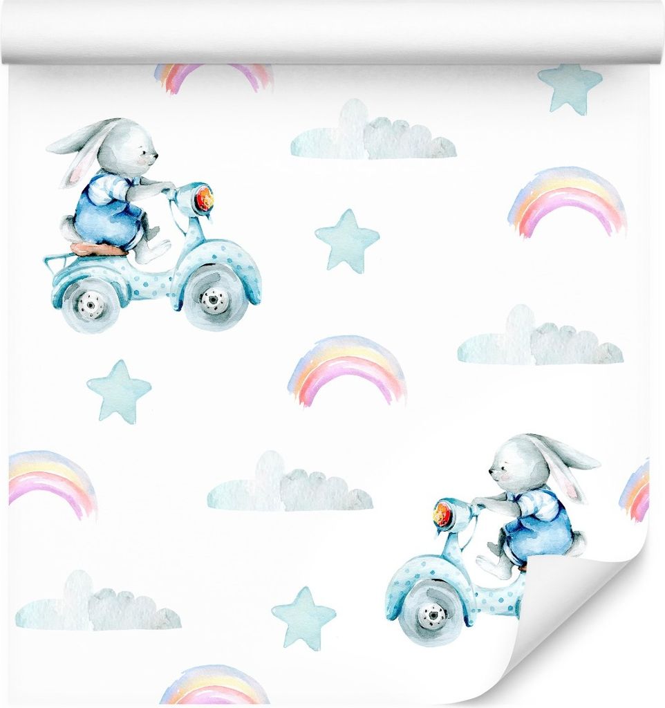 10m VLIES TAPETE Rolle Kinderzimmer Hasen Motorräder Regenbogen Sterne XXL