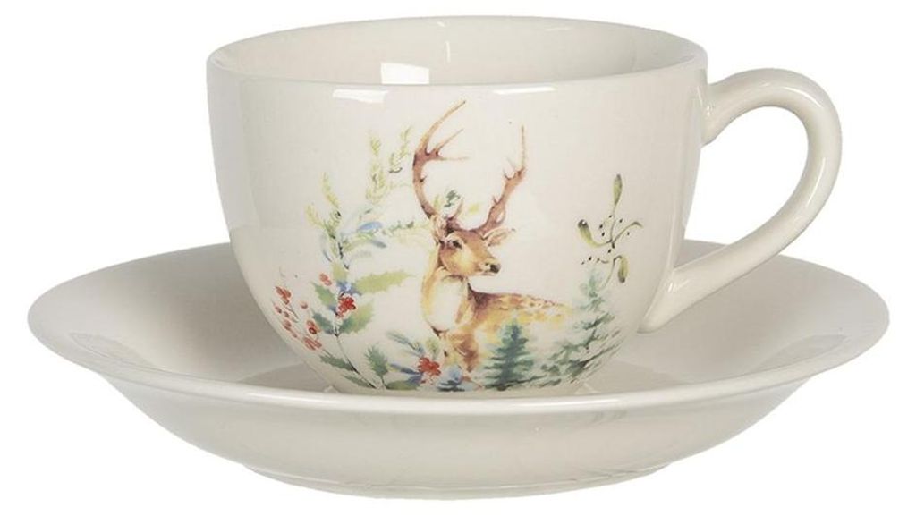 Clayre & Eef Tasse mit Untertasse 200 ml Weiß Keramik Hirsch