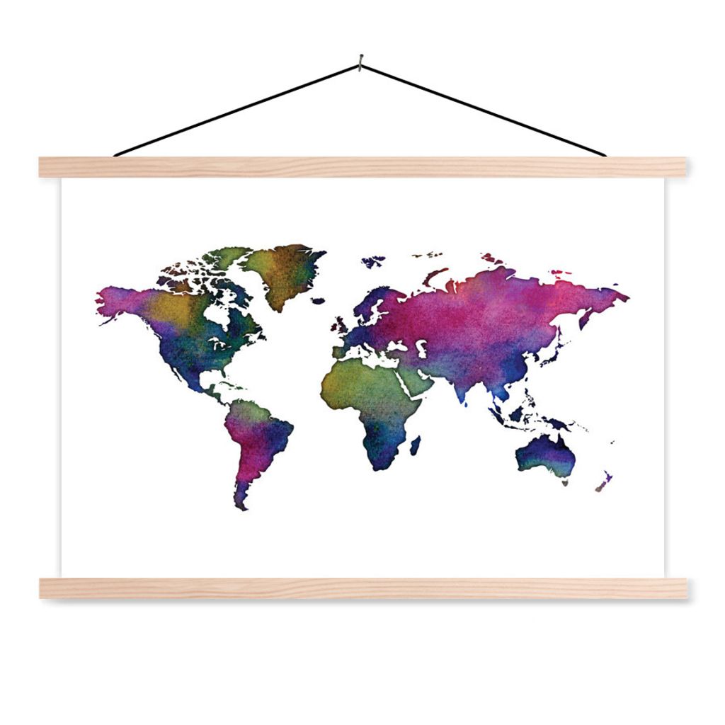 MuchoWow Textilposter Weltkarte - Aquarell 120x80 cm mit holzfarbenen Rahmen - Aufhängeset