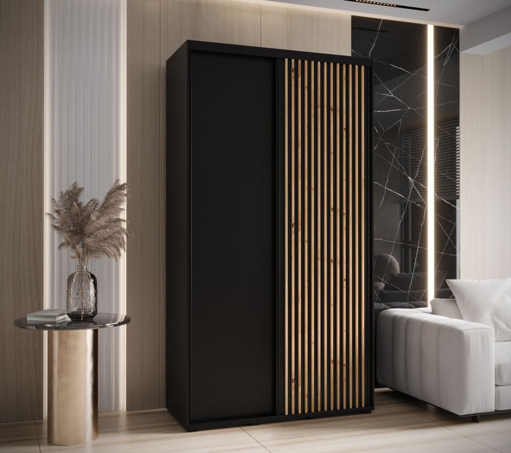 Kleiderschrank BAYLIN 1 – 130/45 cm, schwarz/schwarz/Eiche handwerklich
