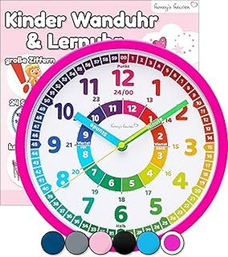 Honey's Heaven Wanduhr für Kinder - Lernuhr zum Lernen der Uhrzeit - analoge Kinderuhr ohne Tick Geräusche, mit lautlosem Uhrwerk - Kinderzimmer ...