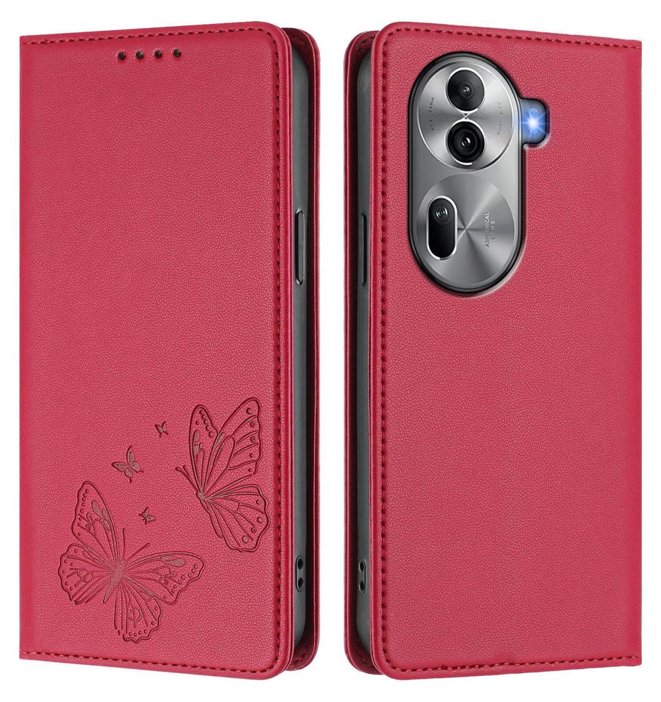 Lederhülle für Oppo Reno11 Pro 5G, Schmetterling Prägung Leder Brieftasche Schutzhülle mit Ständer Rot