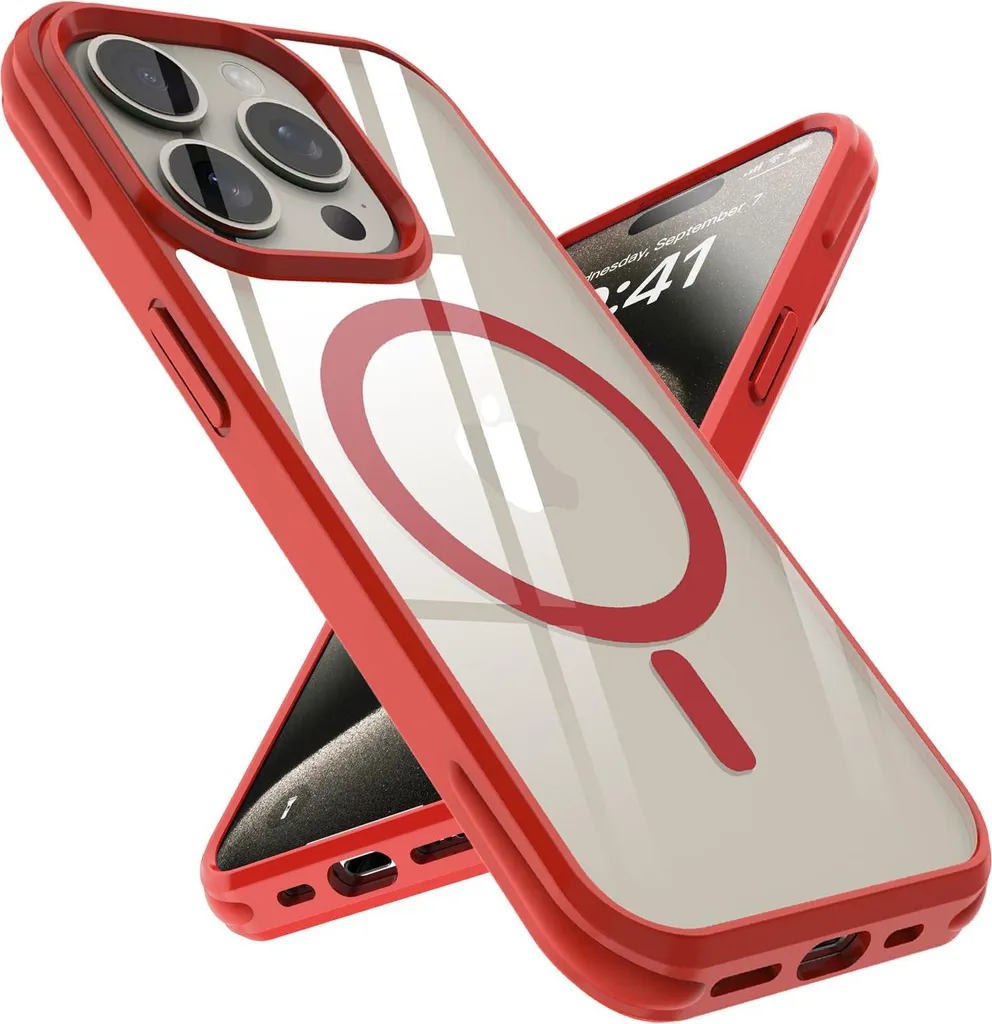 Cover MagSafe iPhone 15 Pro Rossa e Trasparente - Antiurto per Famiglie