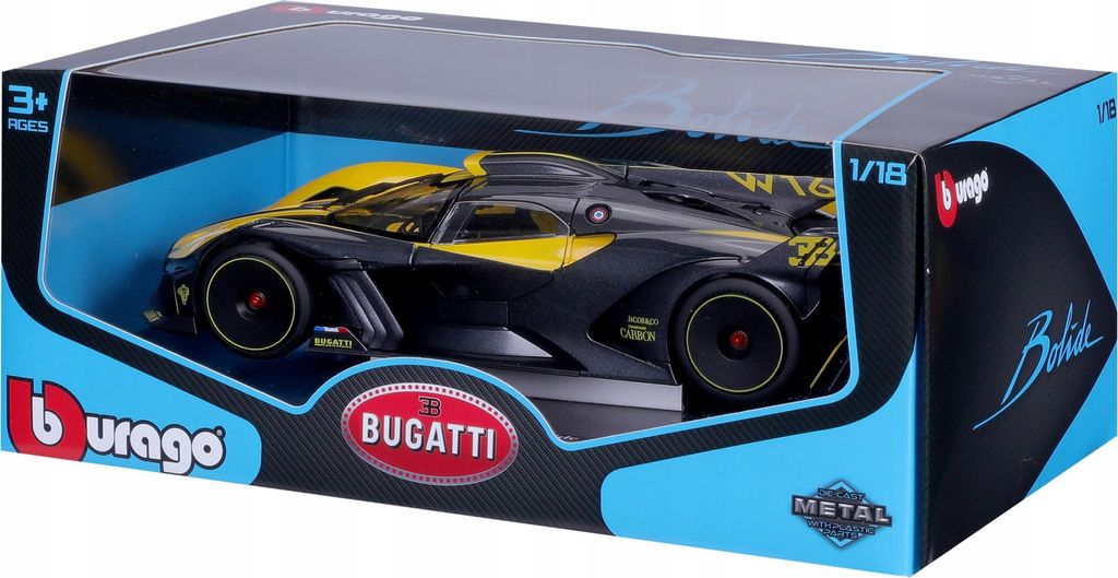 Modello Bugatti Bolide nero e giallo, scala 1:18, Burago Immagine del prodotto 