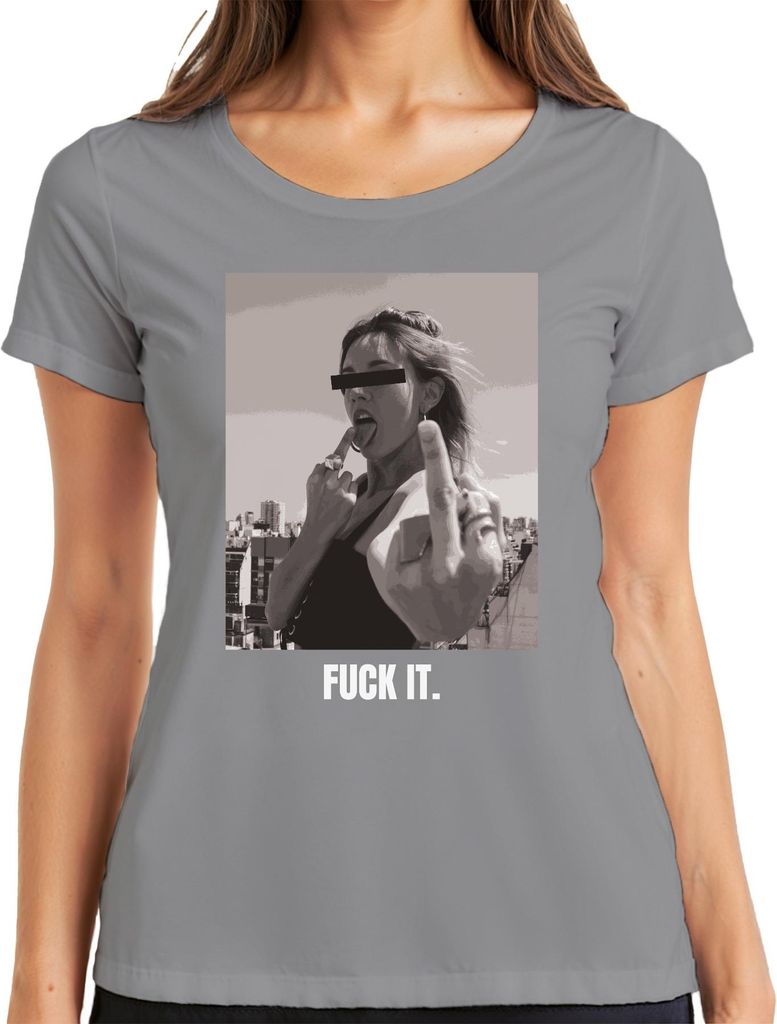Fuck It Mittelfinger Rebell Statement Sarkasmus Streetwear Damen T-Shirt, Grau, XXL