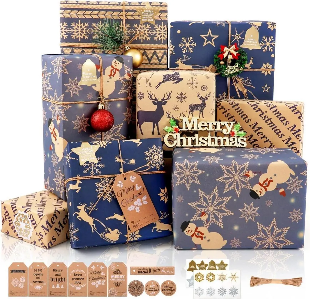 Pack Papier Cadeau Noël 6 Feuilles 70x50cm Bleu Marron Anti-Déchirure