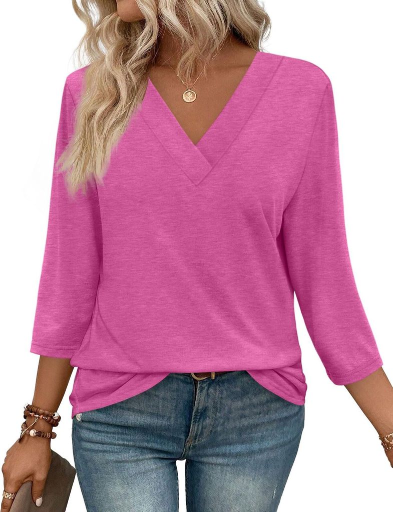 ASKSA Damen T-Shirt V-Ausschnitt 3/4 aermel Basic Tops Sommer Bluse Elegant Einfarbig Laessig Arbeits Oberteile (Rosenrot,M)