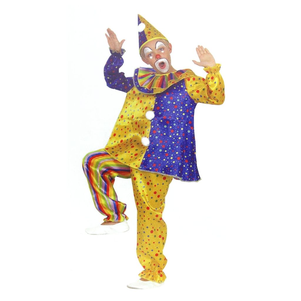 Kinder Clown Kostüm (Oberteil, Hose und Hut) Größe: 128 (ca. 6-7 Jahre)