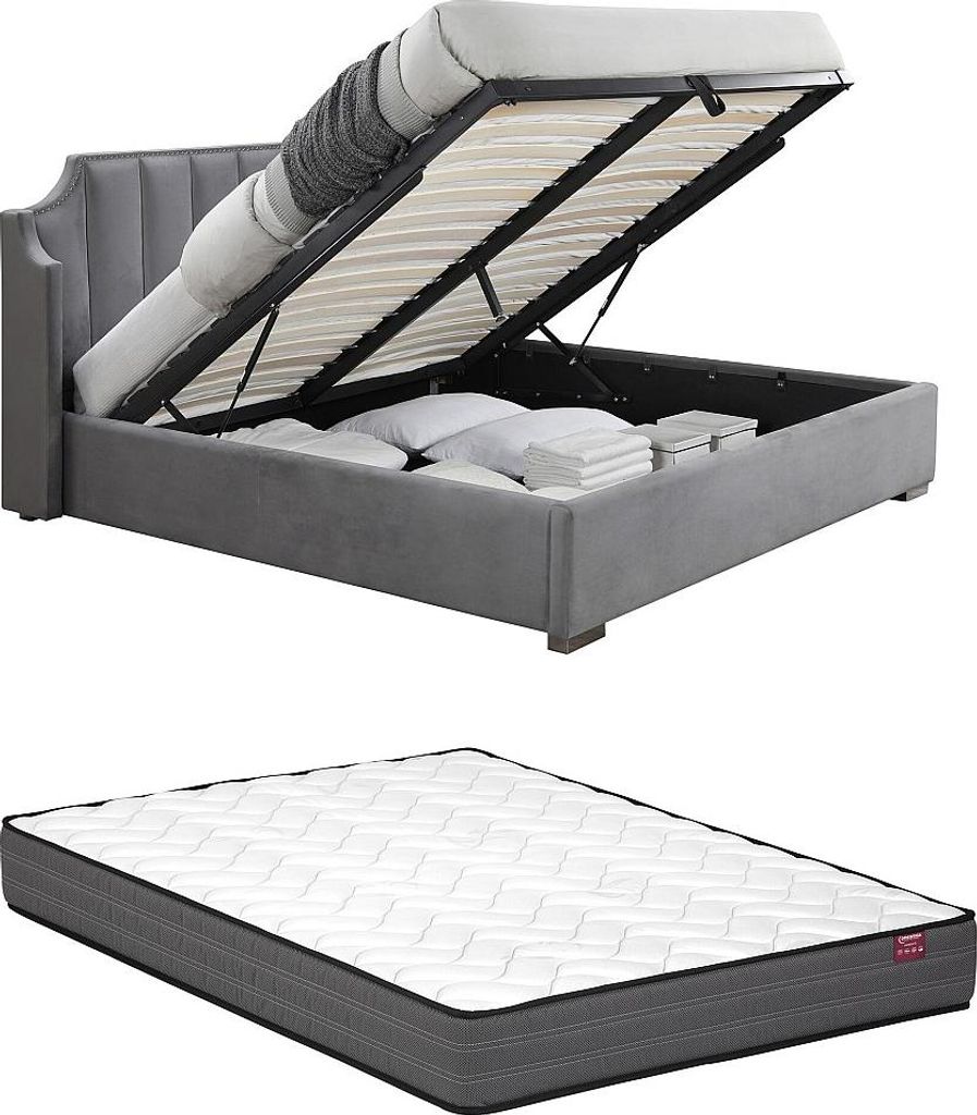 Boxbett 140 × 190 cm mit gebogenem Kopfteil - Velours - Hellgrau + Matratze - TEOMIS