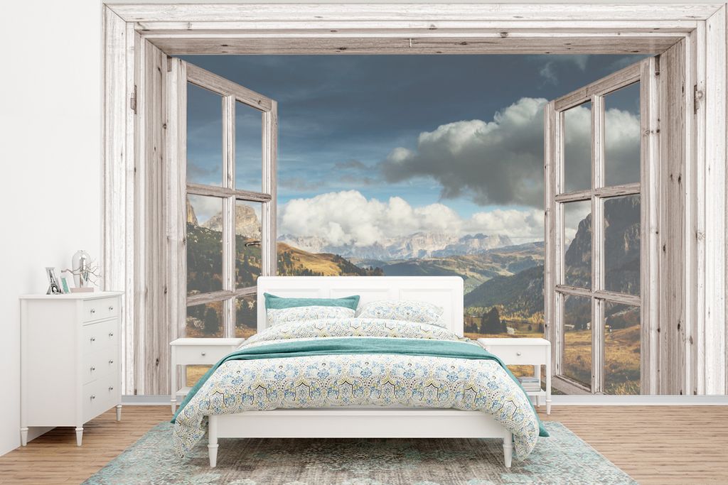 MuchoWow Fototapete für Wohnzimmer oder Schlafzimmer Wandtapete Vinyl Motivtapete Holz - Aussicht - Berg - 295x220 cm - Wand Tapete