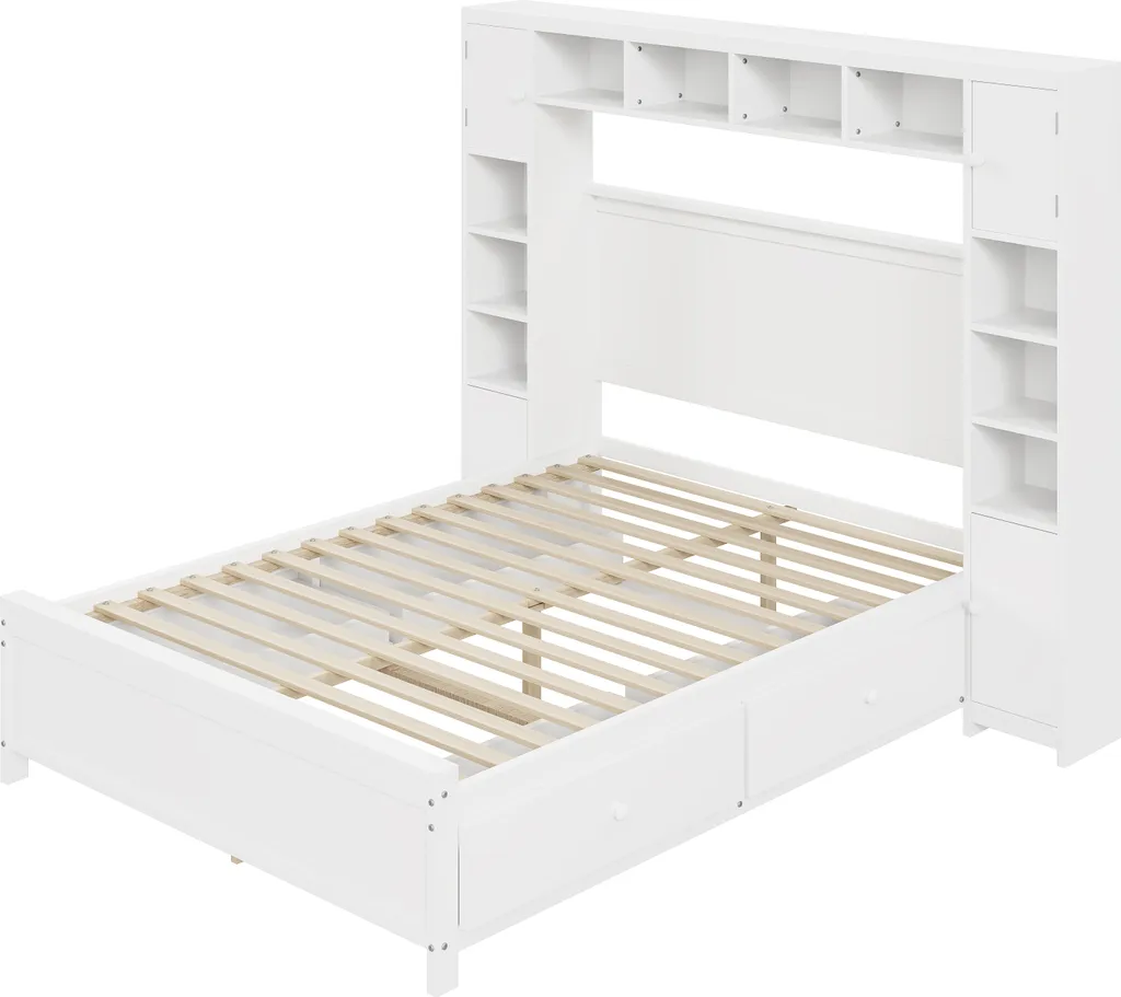 Lit double 140x200 en bois massif blanc avec sommier et tiroirs Sweiko