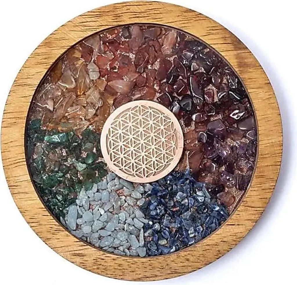Dessous de Verre Bois Chakras et Fleur de Vie 10cm - Lot de 2 Pièces