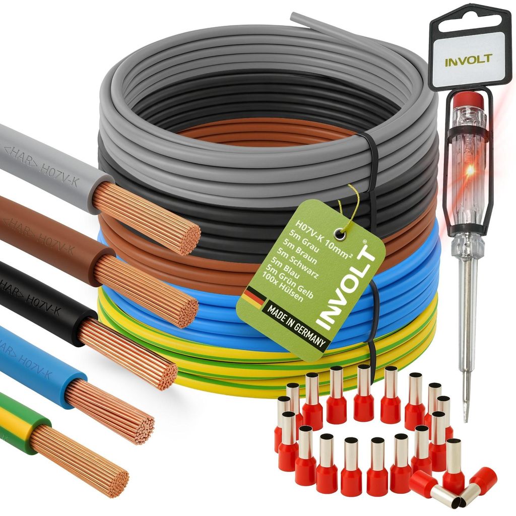 INVOLT H07V-K 10 mm² Stromkabel Set, 5x 5m Einzeladern, Schwarz/Blau/Braun/Grau/Grün-Gelb, mit 100 Aderendhülsen und Spannungsprüfer