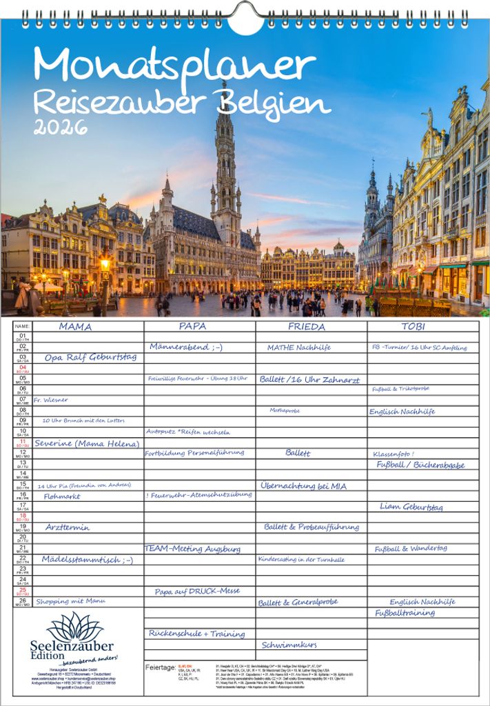 Reisezauber Belgien Planer Familienplaner 4 Spaltenplaner DIN A3 Kalender für 2026 Urlaub Brüssel Tulpen - Seelenzauber