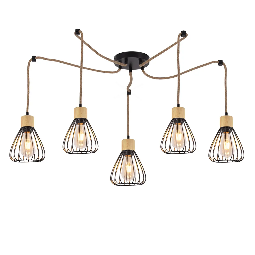 ZMH lampada a sospensione tavolo da pranzo lampada a sospensione soggiorno vintage lampada sala da pranzo nero lampada a sospensione sala da pranzo 5 fiamme retrò metallo corda di canapa in legno industriale E27 lampada a sospensione per pub senza lampadine - 9
