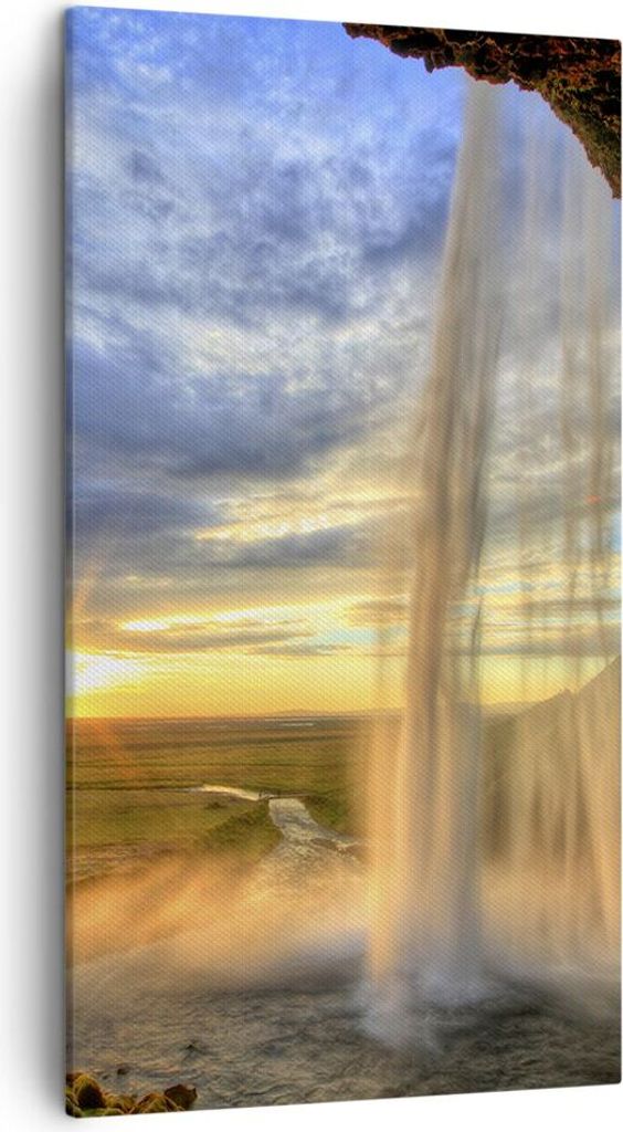 Bild auf Leinwand - Leinwandbild - Wasserfall Natur Park Sonne - 45x80cm - Wand Bild - Wanddeko - Leinwanddruck - Bilder - Kunstdruck - Wanddekorat...