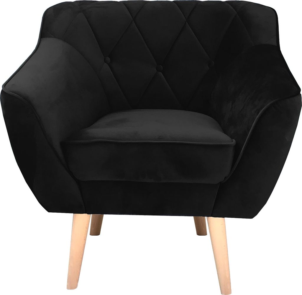 QLA Möbel Skandinavischer Relaxsessel in Schwarz, Retro-Sessel mit Steppung, Clubsessel Polstersessel mit Holzbeinen, Sessel Skand