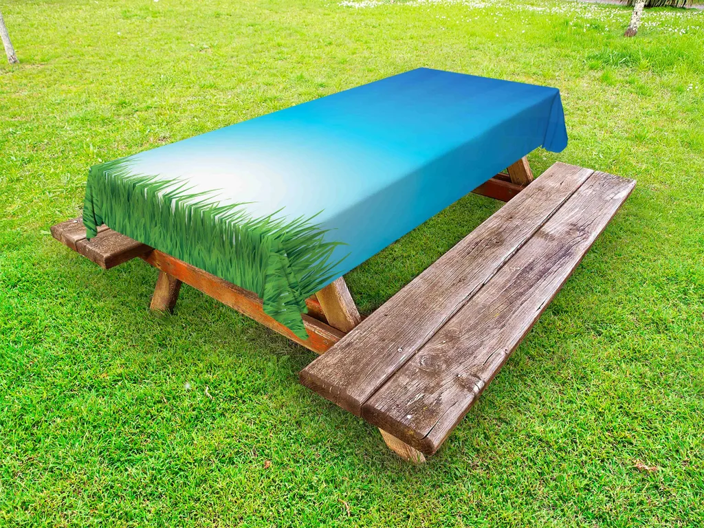 ABAKUHAUS Tovaglia da esterno, strisce Sunburst con erba verde, paesaggio rurale estivo, blu, verde, giallo chiaro, 145x305 cm