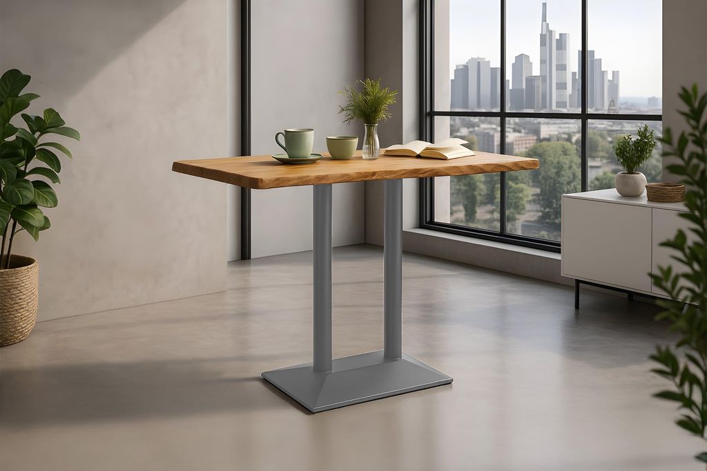Bistrotisch Baumkante massiv 120 x 70 cm Akazie naturfarben Doppelsäulengestell silber IAN