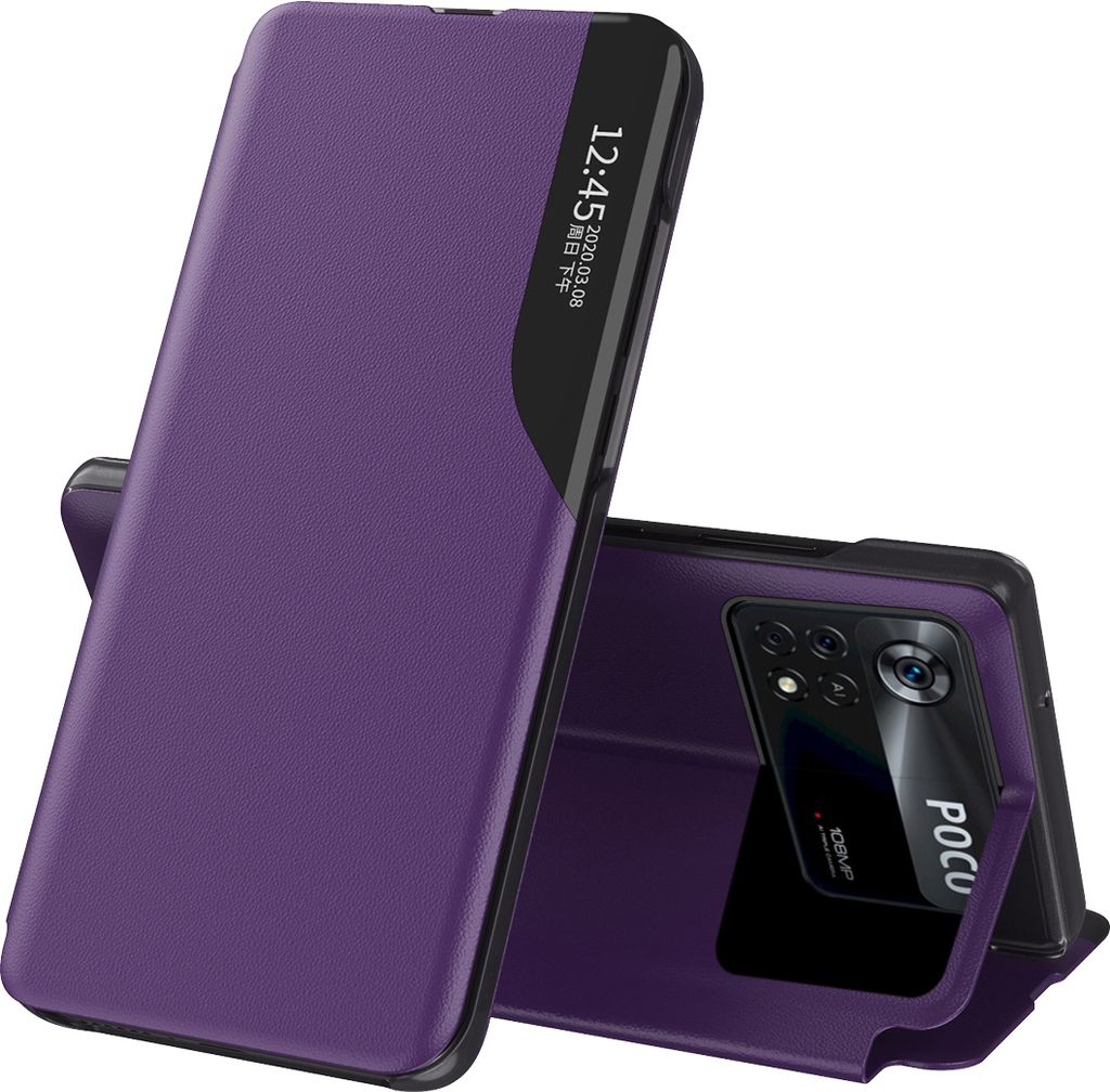 Hülle für Xiaomi Poco M4 Pro 4G Smart View Fenster Flip Stand Cover Kunstleder Schutzhülle Lila