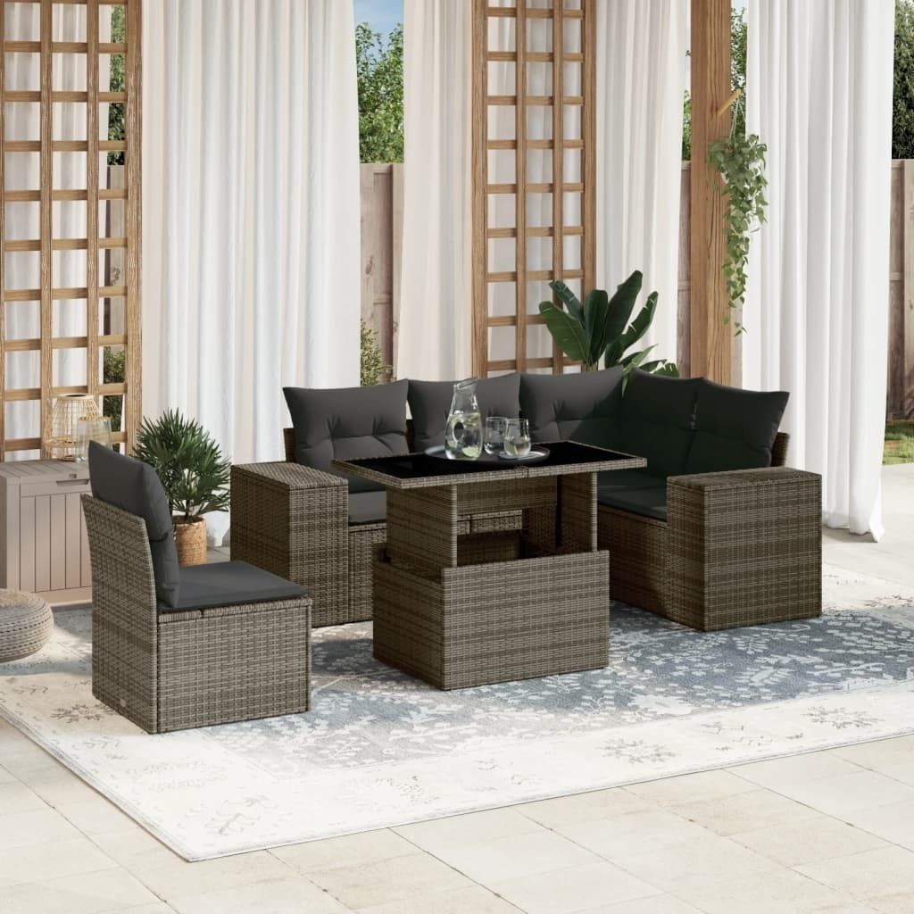 "2026 Promotion" 6-tlg. Garten-Sofagarnitur/Terrassenmöbel - mit Kissen - Grau Poly Rattan - Gartenmöbelset CC13244