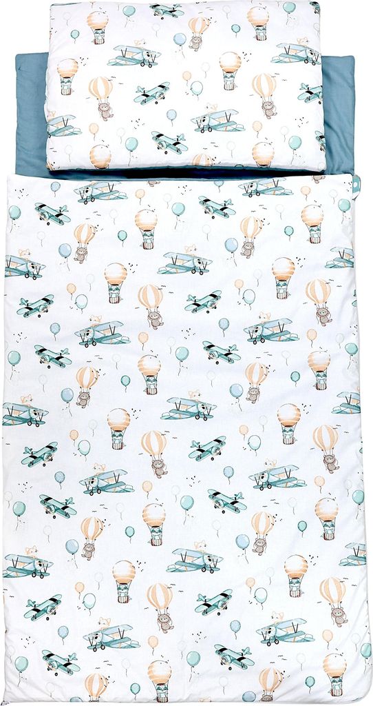 TupTam Deckenschlafsack mit Kissen und Beutel für unterwegs,140×75 cm für Kindergarten, Reisen und Zuhause, Farbe: Füchse im Flugzeug / Grün, ...