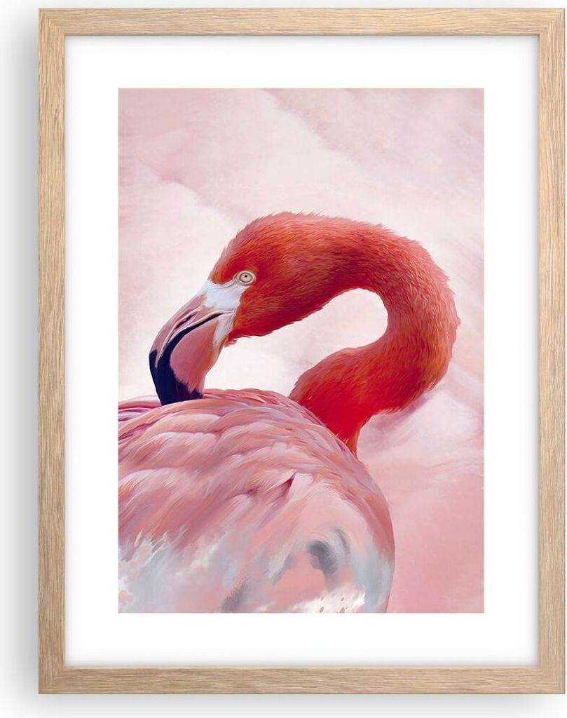 Gerahmtes Poster - Rahmen in heller Eiche - Flamingo Vogel Porträt - 30x40 cm - Wand Bild - Wanddeko - Wandbilder - Kunstposter - Wandposter - Bil...