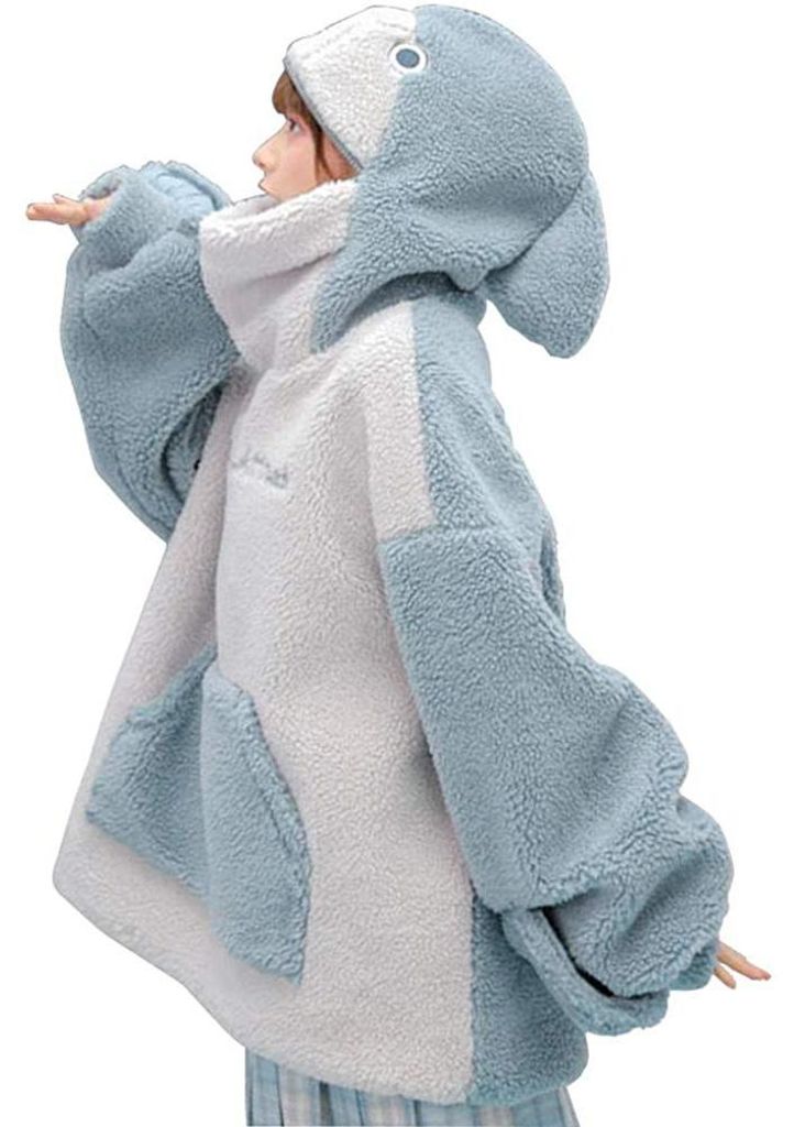 Kapuzen-Sweatshirt für Damen, Haifisch-Plüsch, pelziges Innenfleece, lockere Pullover-Oberteile, Paarkleidung für zu Hause