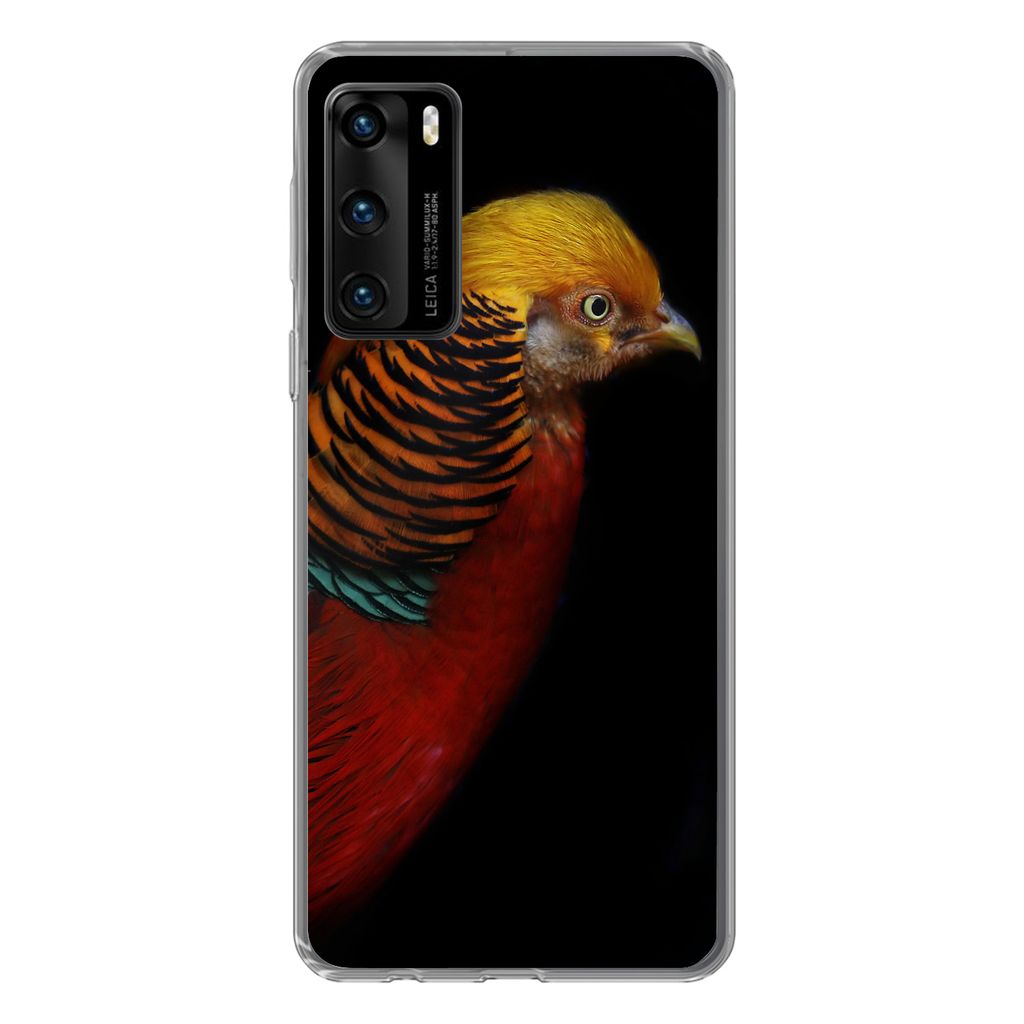 MuchoWow Handyhülle Schutzhülle Hülle für Huawei P40 Vogel - Federn - Schwarz - Porträt Silikon Softcase Handy Hülle