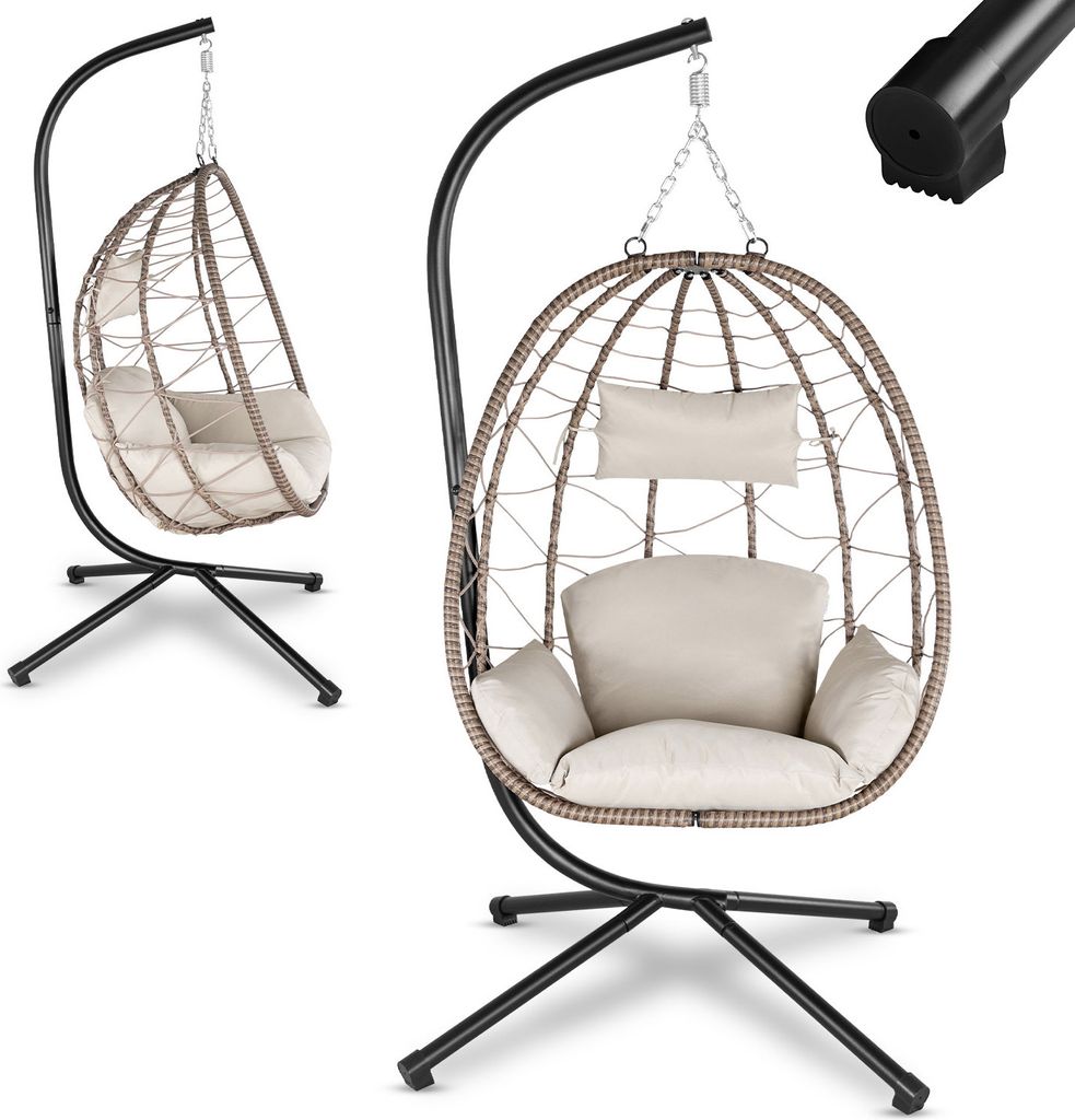 Juskys Hängesessel Aria mit Kissen - höhenverstellbar & faltbar - Polyrattan Hängeschaukel Outdoor & Indoor - Korbhängesessel bis 130kg Beige