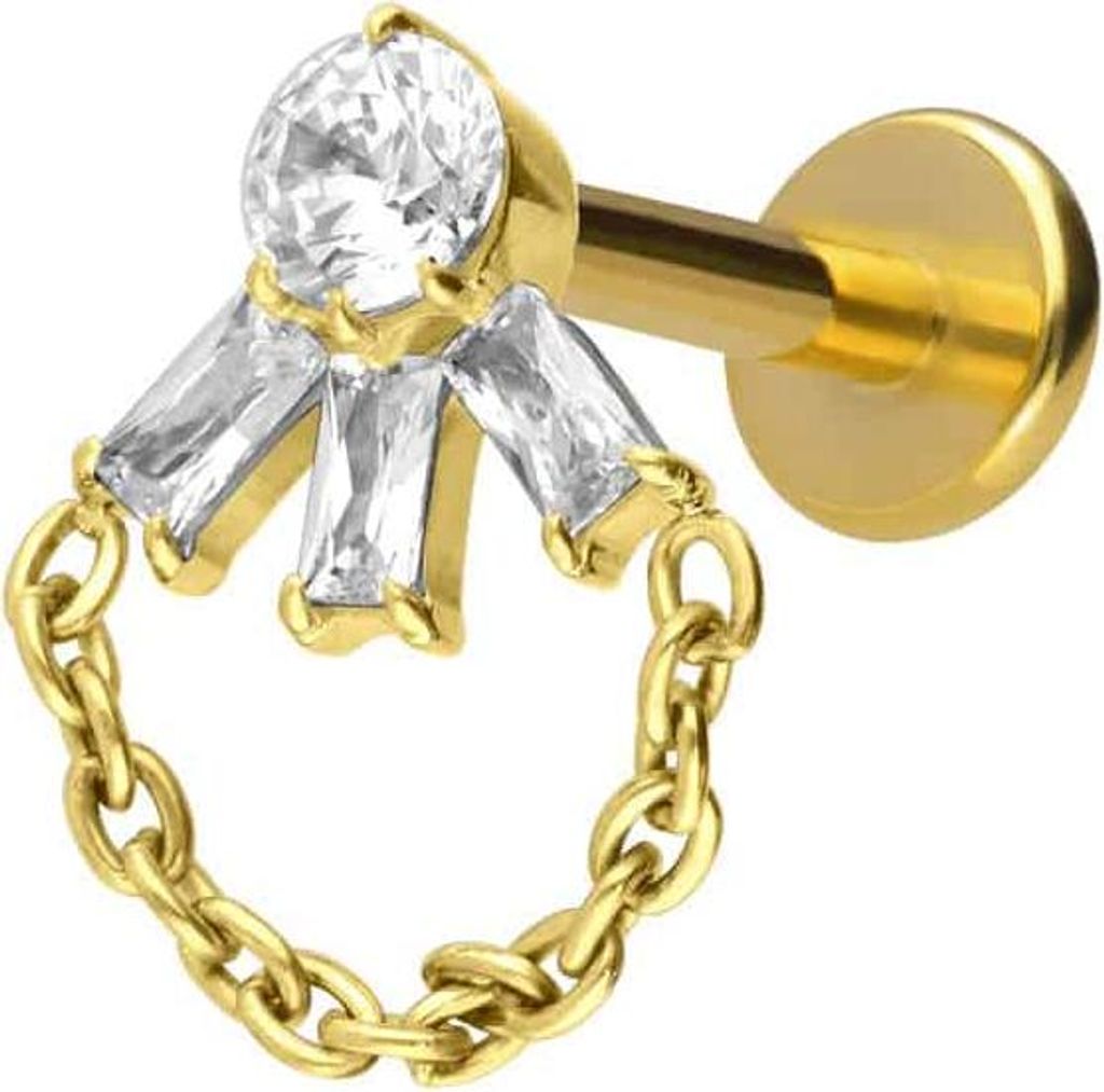 Ohrpiercing, Nasenpiercing Titan Labret mit Innengewinde LOTUSBLÜTE + KETTE Gold Stablänge: 6mm | Stabstärke: 1,2mm