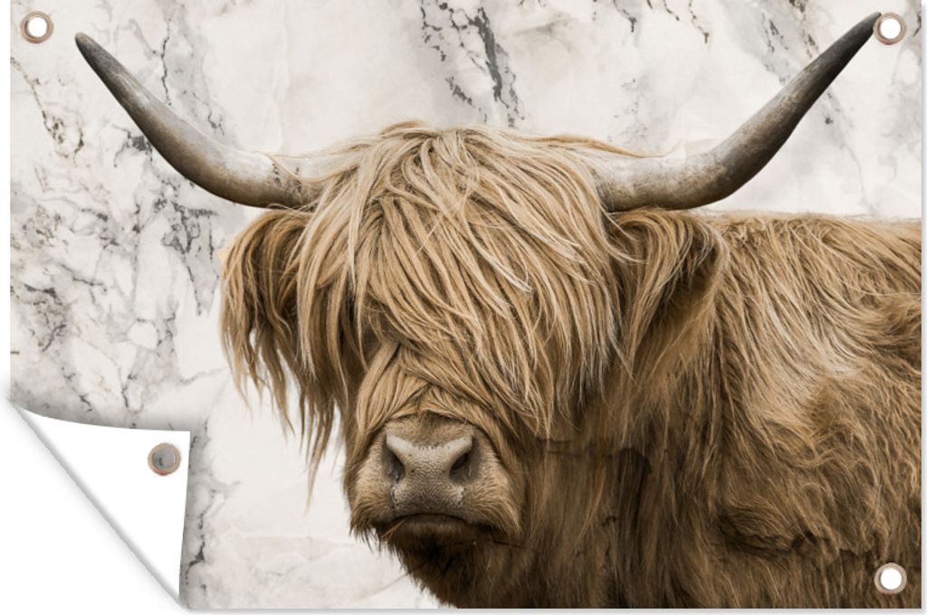 MuchoWow 90x60 cm Outdoor-Poster Gartendeko Sichtschutz Garten Poster für den Garten Schottischer Highlander - Marmor - Tiere