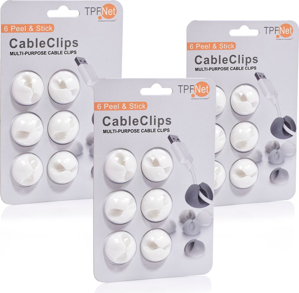 TPFNet 18er Pack (3x6 STÜCK) Cable Clip Kabelhalter Kabelmanager, weiß