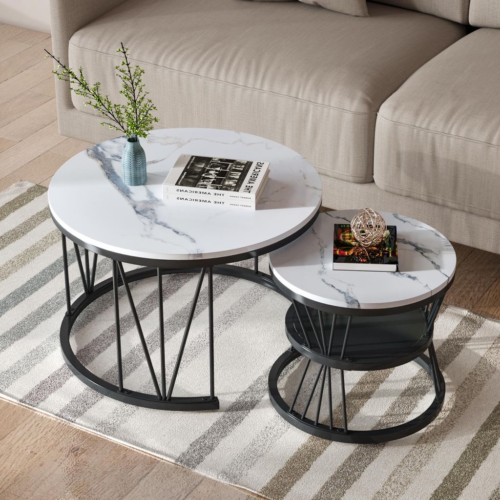 Set aus 2 modernen runden Couchtischen mit Marmorsockel für Produktbild 