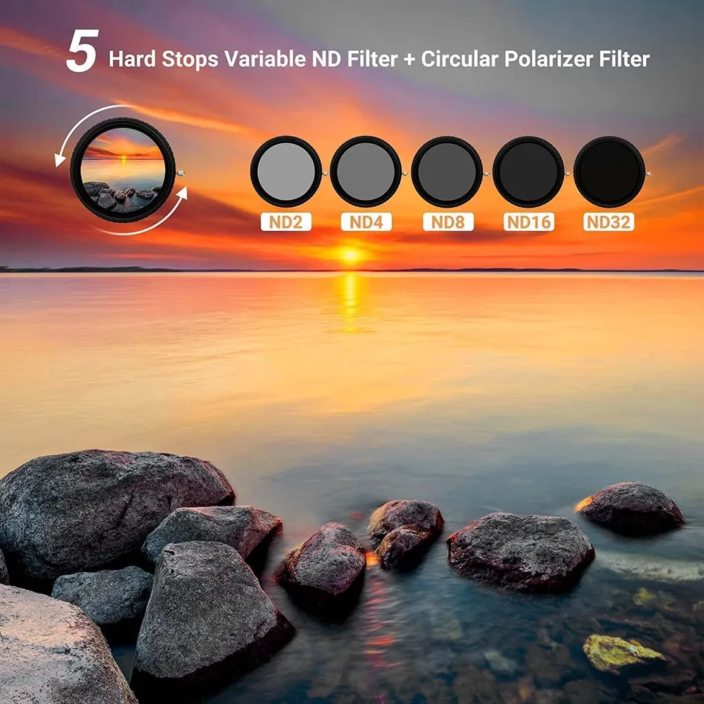 Filtre ND Variable 77mm avec Polarisant Intégré ND2-ND32 5 Diaphs HD