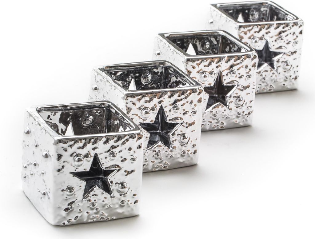 Keramik Teelichthalter silber Stern 7,5 x 7,5cm - 4 Stück