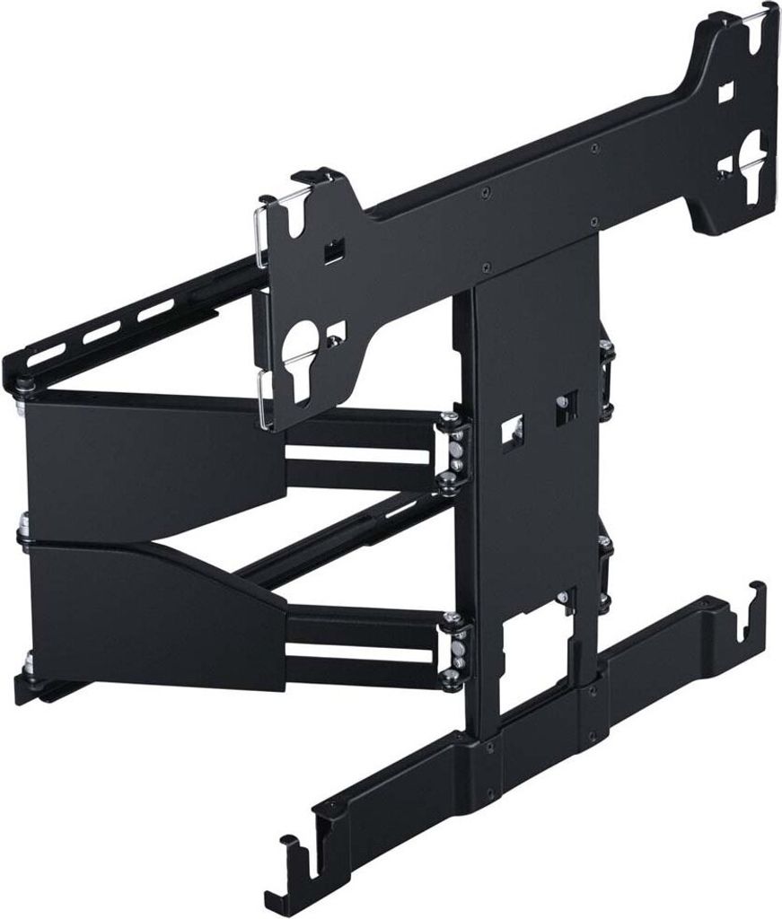 A black metal TV wall mount bracket is shown against a white background.