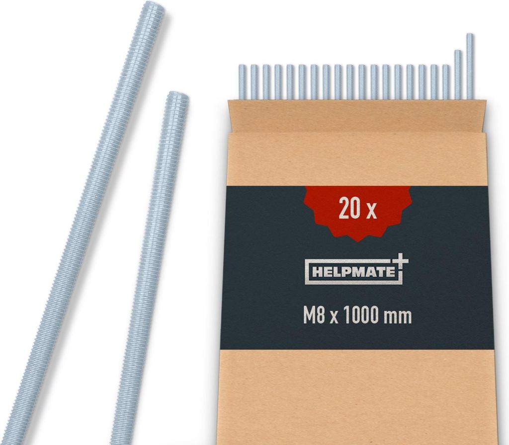 HELPMATE – Gewindestange M8 x 1000 mm aus verzinktem Stahl – 20 Stück Gewindestab mit metrischem Vollgewinde – Gewindestift mit Festigkeitsk...