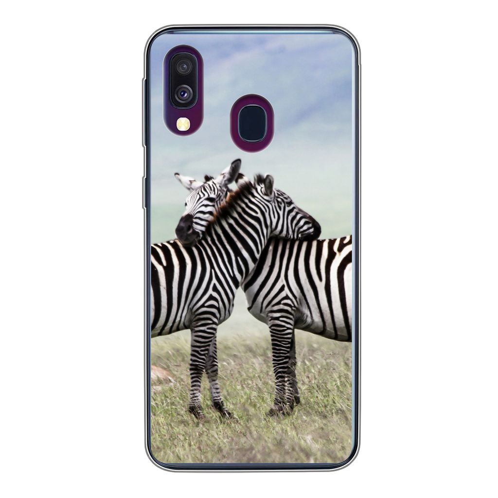 MuchoWow Handyhülle Schutzhülle Hülle für Samsung Galaxy A40 Zebras - Gras - Schwarz - Weiß Silikon Softcase Handy Hülle - Handy-Tasche